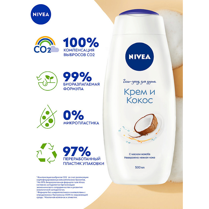 NIVEA Гель-уход для душа "Крем и кокос" увлажняющий с маслом жожоба и ароматом кокоса – фото 4