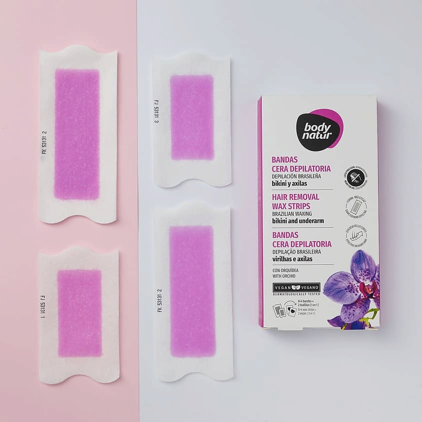 BODY NATUR Полоски восковые для подмышечной зоны и бикини орхидея Wax Strips Hair Removal Underarm and Bikini – фото 2