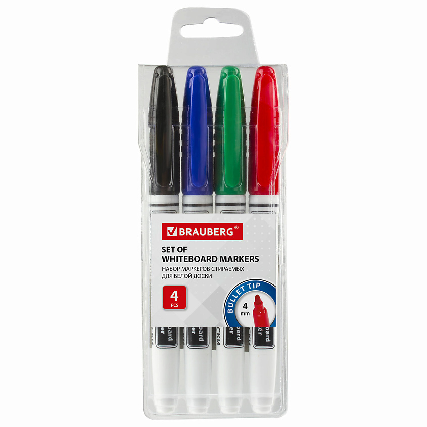 Изображение товара Бренд BRAUBERG набор стираемых маркеров для белой доски 4 цвета