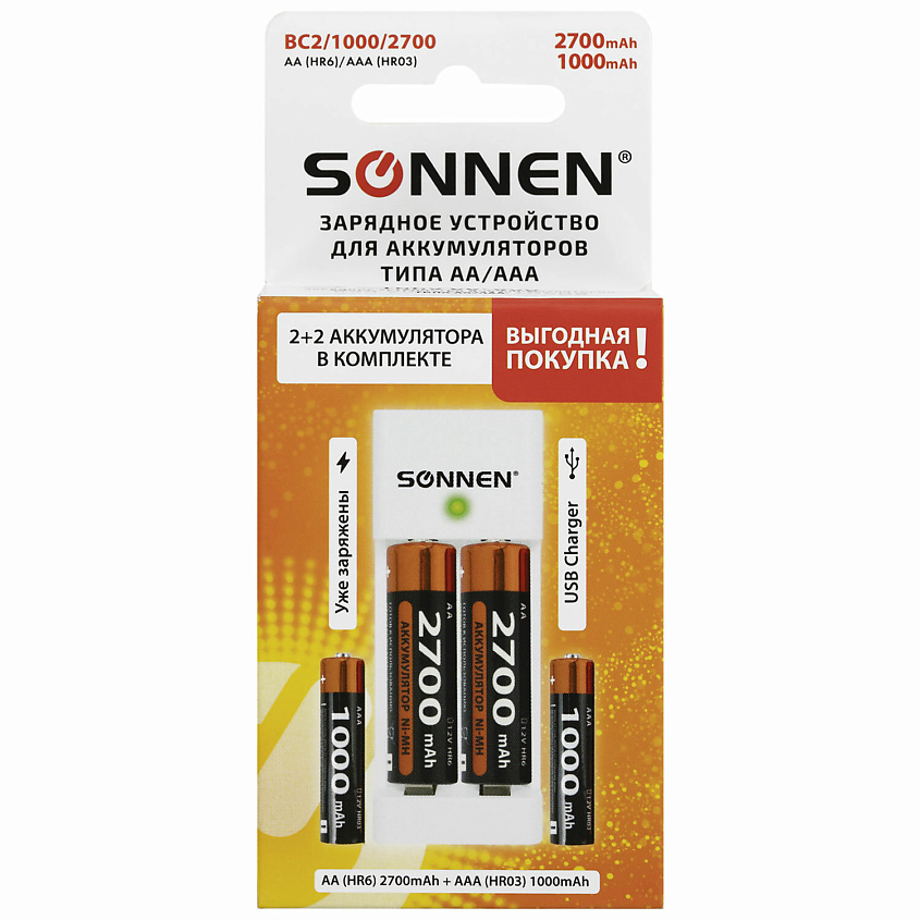 Изображение товара SONNEN Зарядное устройство с аккумуляторами AA+AAA 2700mAh+1000mAh BC2, 4 шт