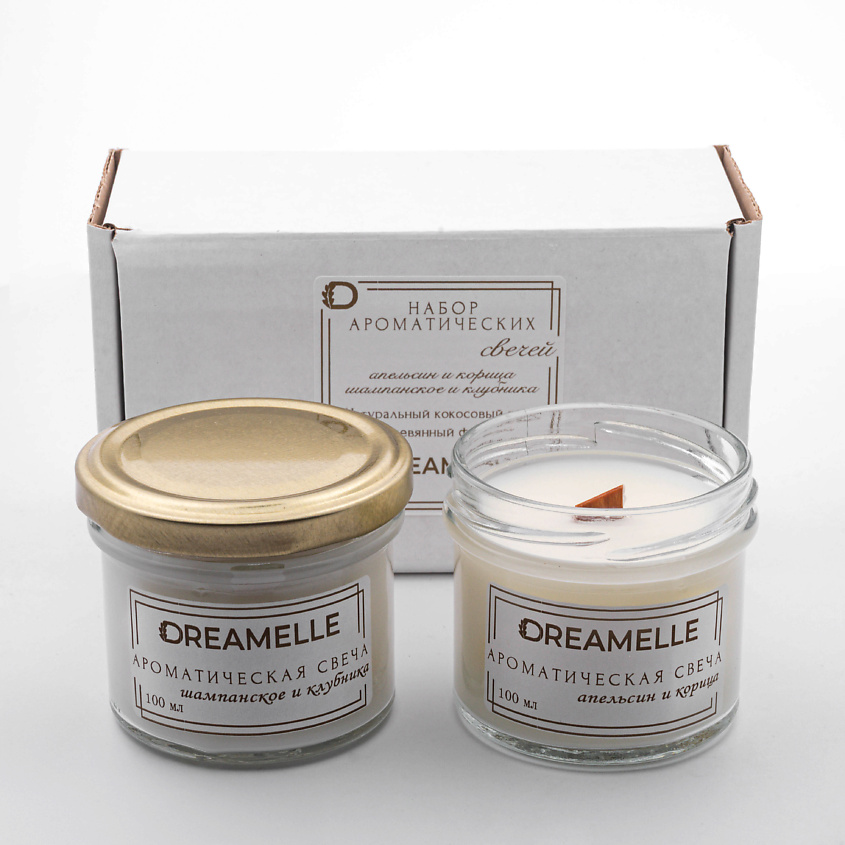Изображение товара DREAMELLE Набор ароматических свечей, Шампанское и клубника / Апельсин и корица. 2 шт по 100 мл