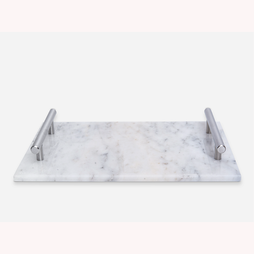 Изображение товара Декоративный мраморный поднос 30х20 см с ручками хромированными для сервировки и декора