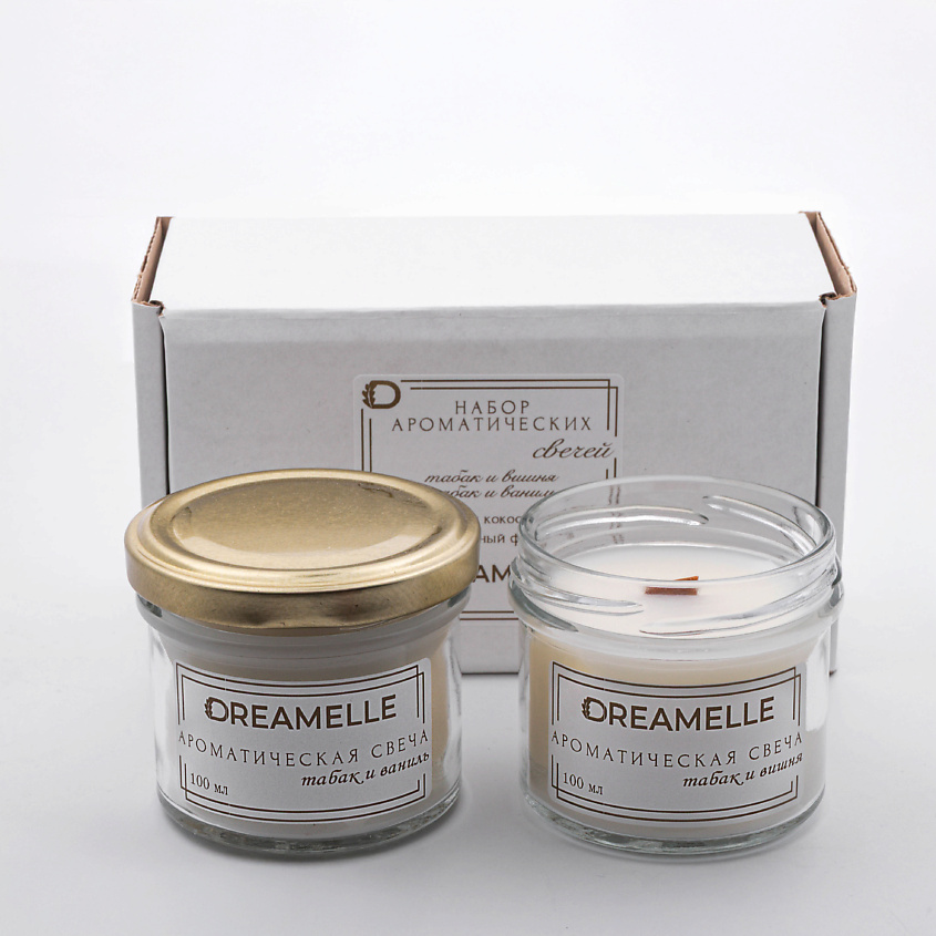 Изображение товара ДREAMELLE набор ароматических свечей Табак и вишня, Табак и ваниль 150 мл 2 шт