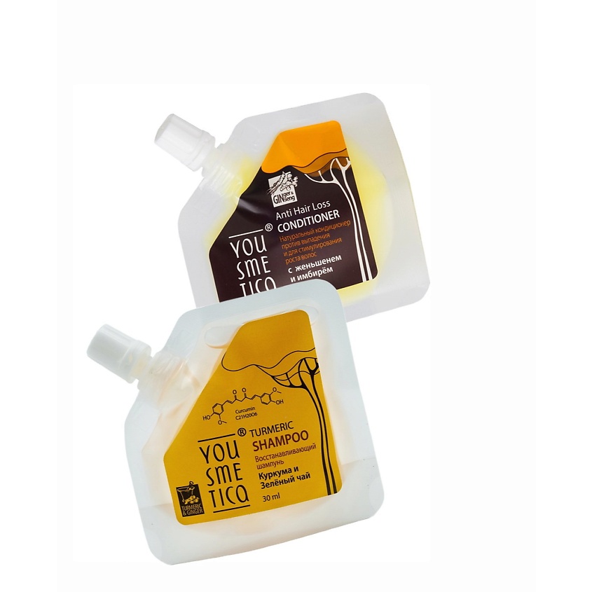 Изображение товара YOUSMETICA Набор для волос: шампунь Куркума и Зелёный чай кондиционер против выпадения, 30 мл.