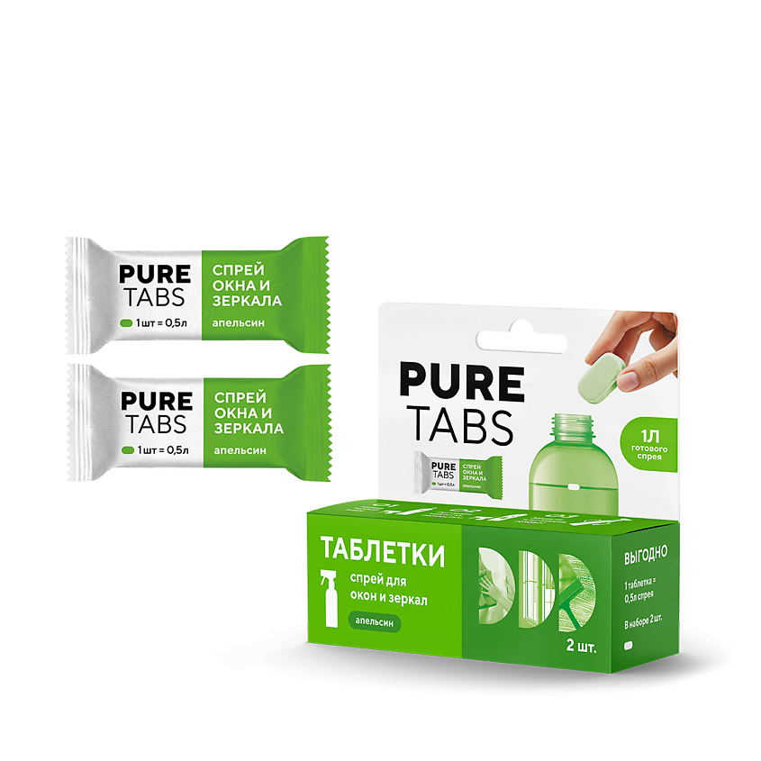 Изображение товара PURETABS Спрей для окон зеркал 2 таблетки 1 л экологичный очиститель