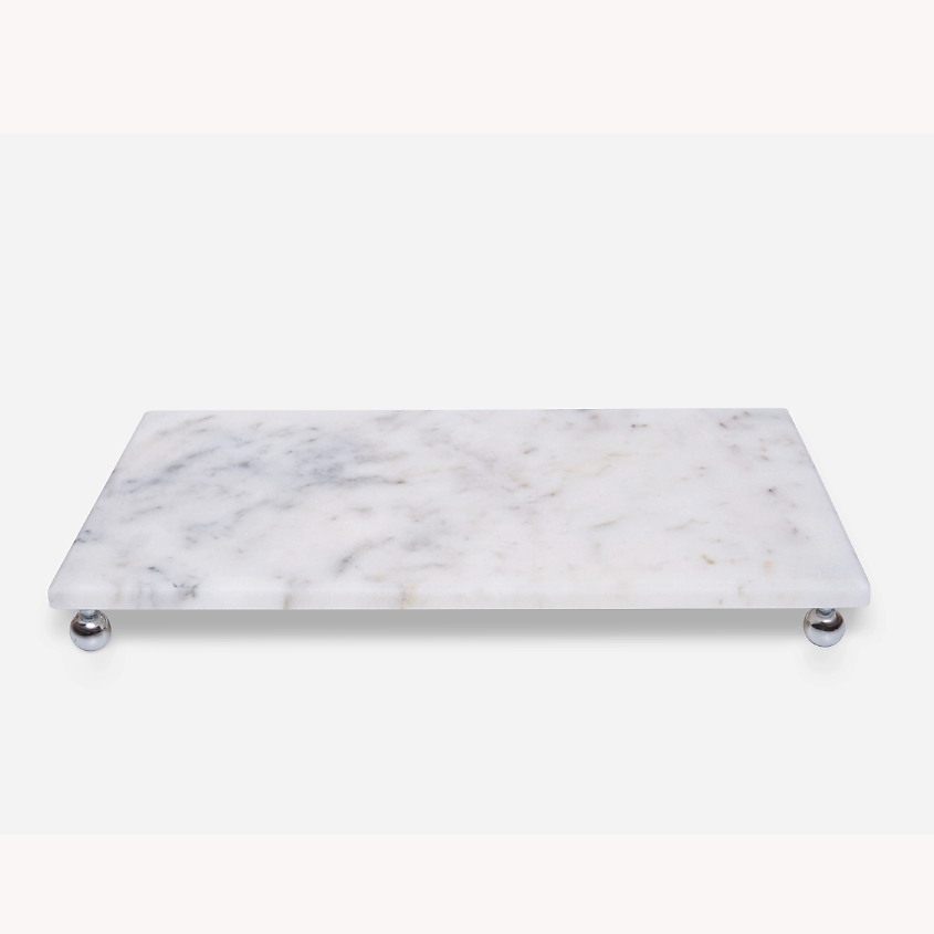 Изображение товара НАТУРКАМЕНЬ Поднос мраморный белый на ножках хром, 1 шт.; цвет: белый; размер: 30х20 см.