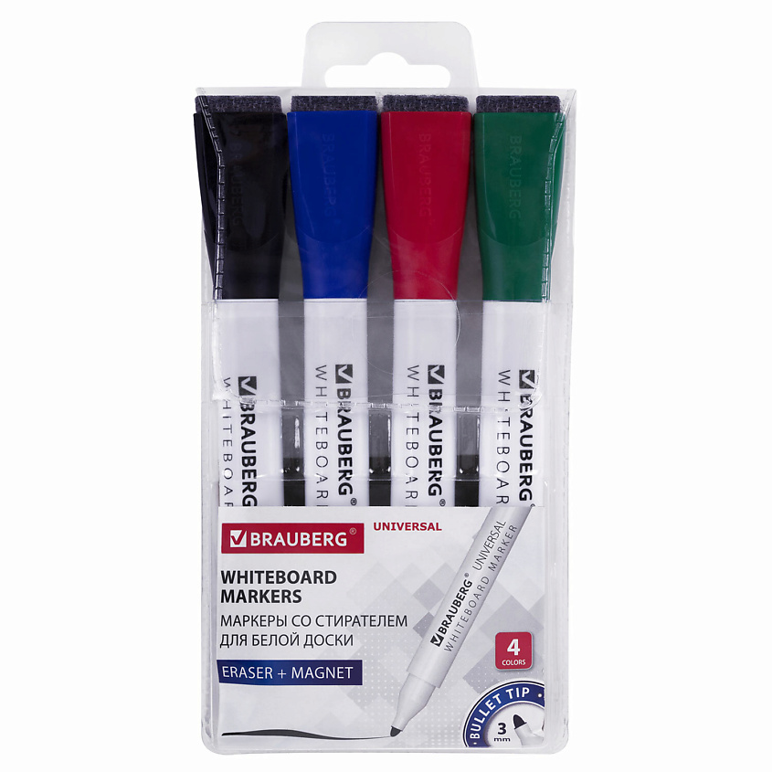 Изображение товара Маркеры стираемые на магните BRAUBERG UNIVERSAL, набор 4 шт, для белой доски