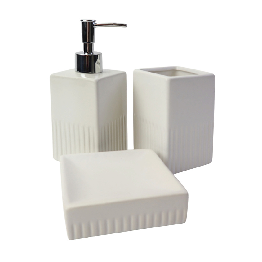 Изображение товара Набор для ванной ND PLAY Cube из керамики, мыльница, диспенсер, стакан, белый