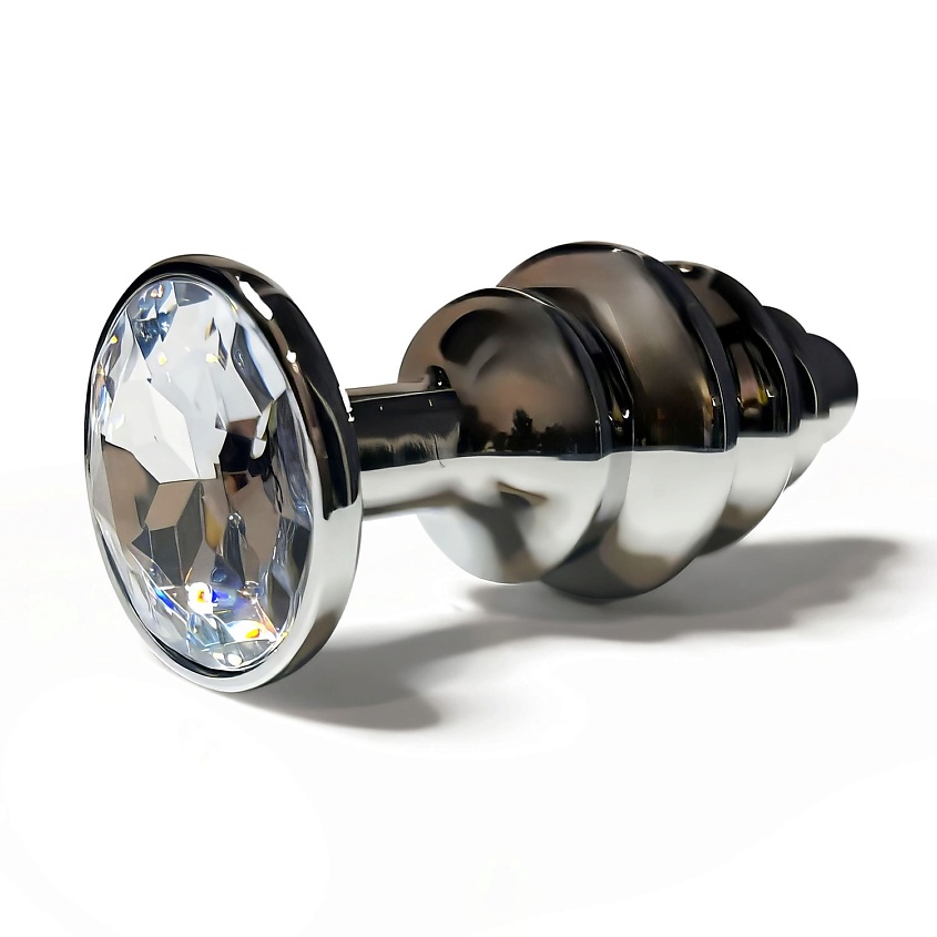 Изображение товара LE FRIVOLE Анальная пробка металлическая ребристая с белым кристаллом Fantasy Toys, 1 шт.