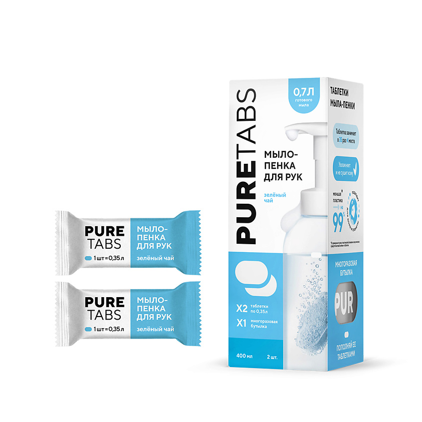 Изображение товара PURETABS Мыло-пенка для рук в бутылке и таблетках 0,7л зеленый чай
