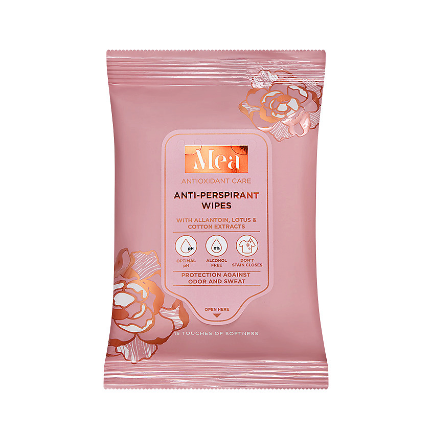 Изображение товара MEA Салфетки влажные антиперспирантные с аллантоином, экстрактами лотоса и хлопка Antioxidant Care, 15 шт.