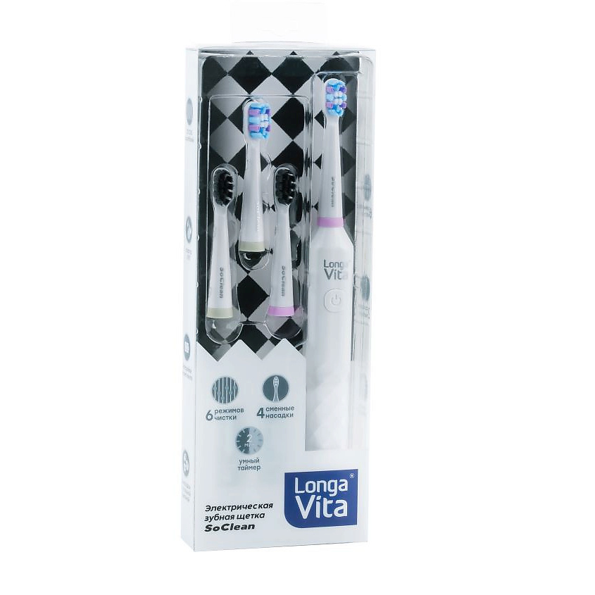 Изображение товара LONGA VITA Зубная щетка электрическая белая SoClean, 1 шт + 4 шт