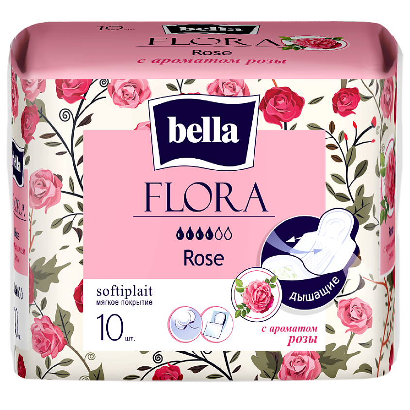 Изображение товара BELLA Прокладки гигиенические FLORA Rose 10 шт. мягкие и тонкие, с крылышками для женщин