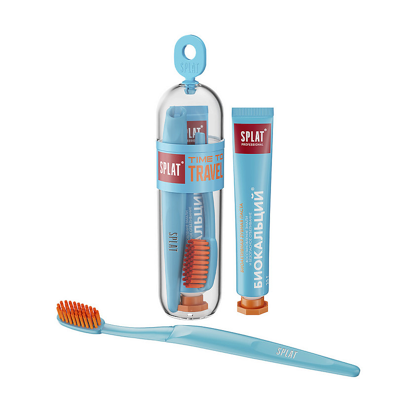 Изображение товара SPLAT Зубная паста "Биокальций" в комплекте с зубной щеткой средней жесткости Professional Biocalcium Time to Travel, 25 г
