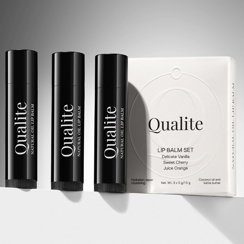 Изображение товара QUALITE Увлажняющие бальзамы для губ с натуральными маслами, набор 3 шт, 1 - аромат вишня; 2 - аромат апельсин, 3 - аромат ваниль.