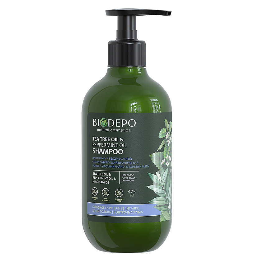 Изображение товара BIODEPO Шампунь безсульфатный натуральный себорегулирующий с маслами чайного дерева и мяты Tea Tree and Peppermint Essential Oil, 475 мл