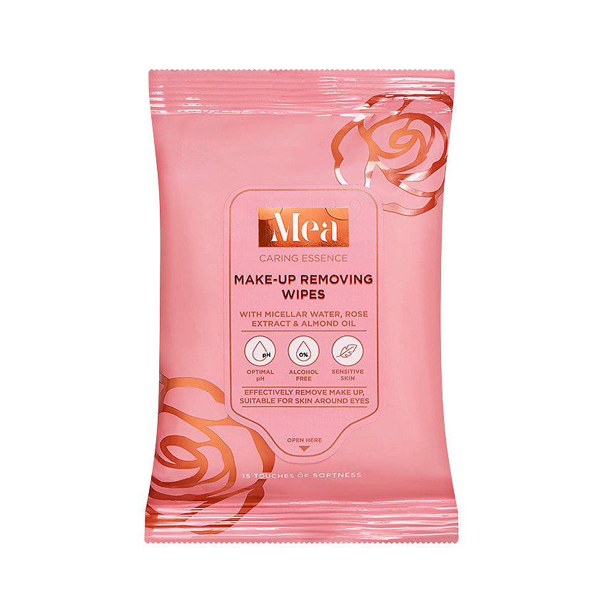 Изображение товара MEA Салфетки влажные для снятия макияжа с мицелярной водой, экстрактом цветков розы и маслом миндаля Caring Essence, 15 шт.