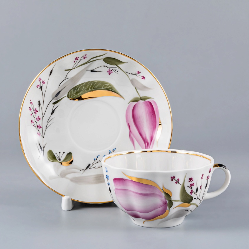 Изображение товара Императорская чайная чашка с блюдцем "Розовые тюльпаны" из фарфора