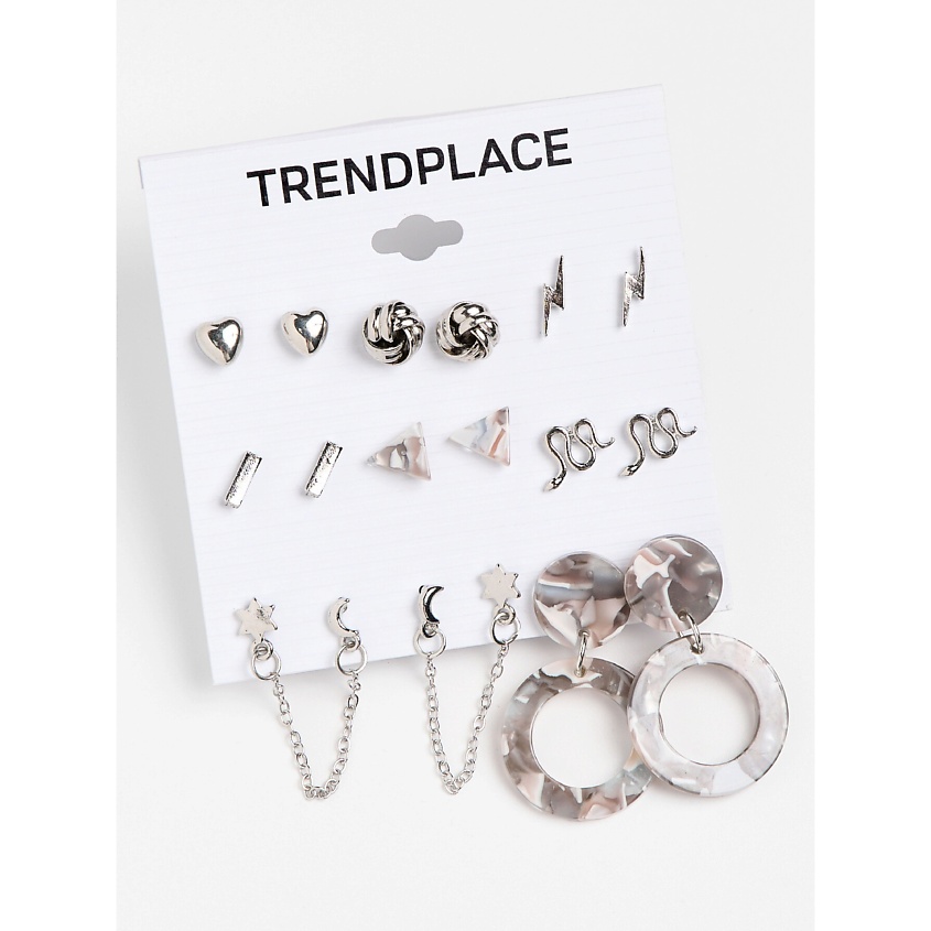 Изображение товара TRENDPLACE Набор серьги пусеты кольца бижутерия под серебро, Серебряный