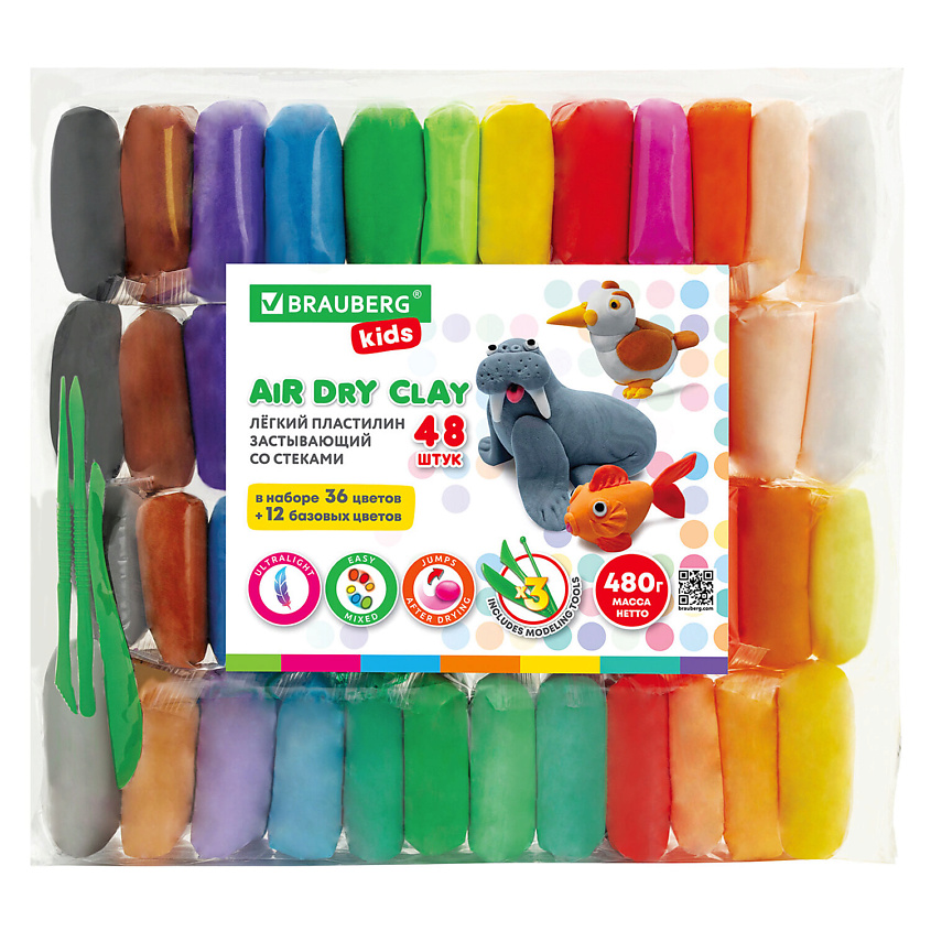 Изображение товара BRAUBERG Пластилин супер лёгкий воздушный застывающий KIDS, 48 цв.