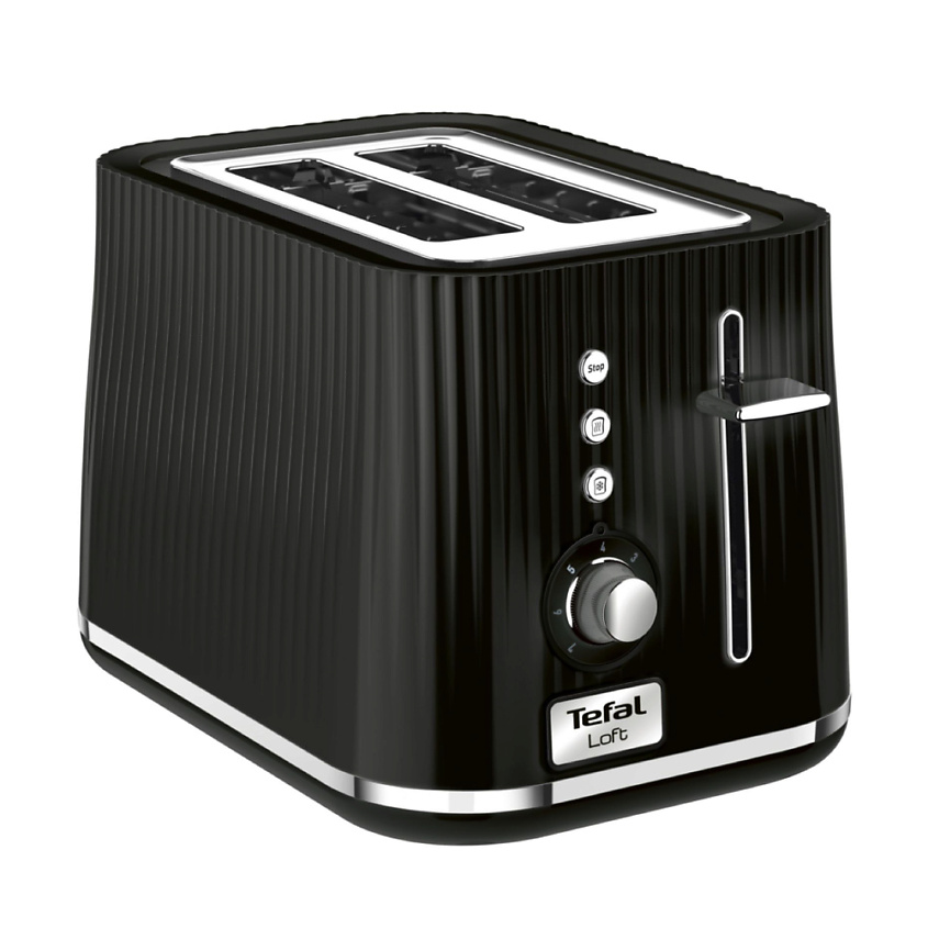 Изображение товара TEFAL Тостер Loft 2S TT761838, черный, мощность 850 Вт, разморозка, 7 степеней поджаривания, кнопка отмены, поддон для крошек
