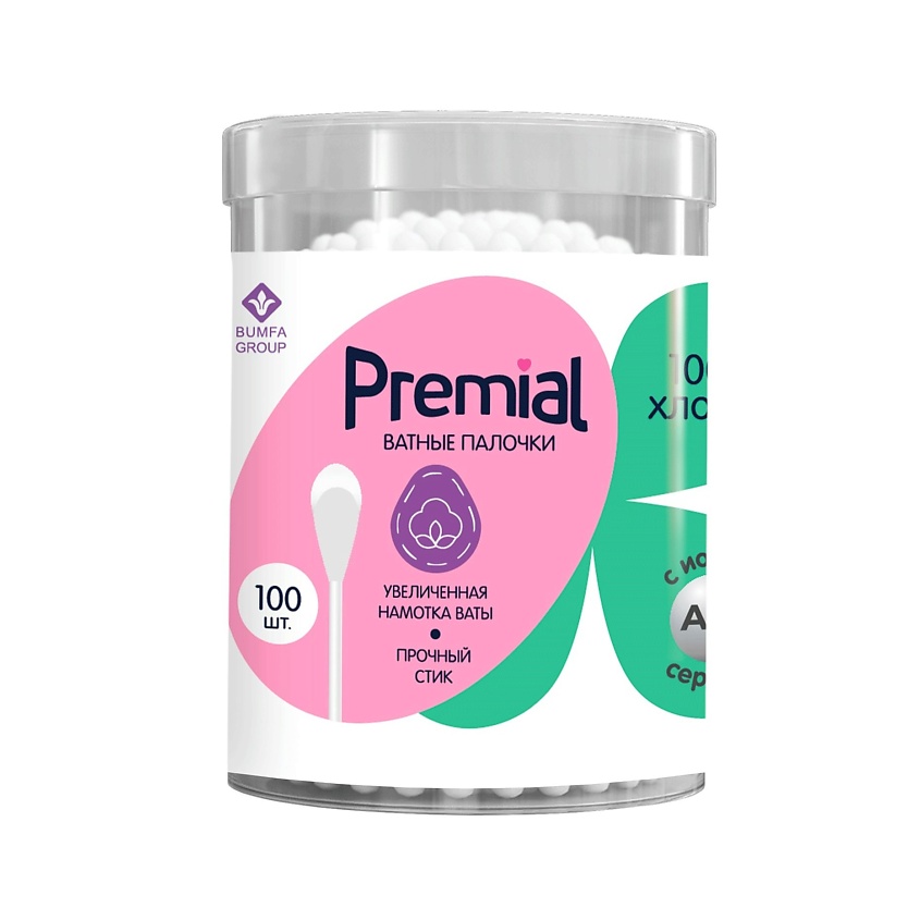 Изображение товара PREMIAL Classic Палочки ватные в цилиндре, 100 шт.