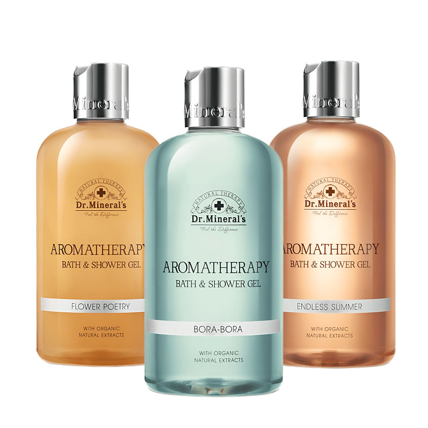 Изображение товара DR.MINERAL’S Набор парфюмированных гелей для душа AROMATHERAPY с натуральными экстрактами, 500 мл + 500 мл + 500 мл