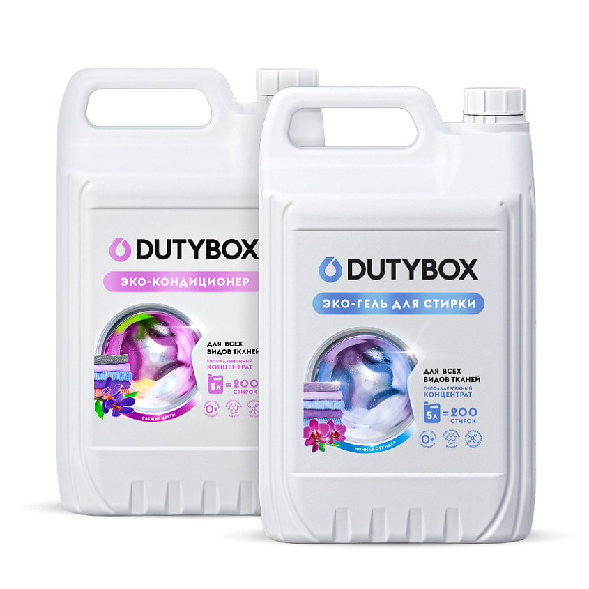 Изображение товара DUTYBOX Набор для стирки Гель ночная орхидея 5л + Кондиционер Свежие цветы 5л, 200 стирок, 2 шт.