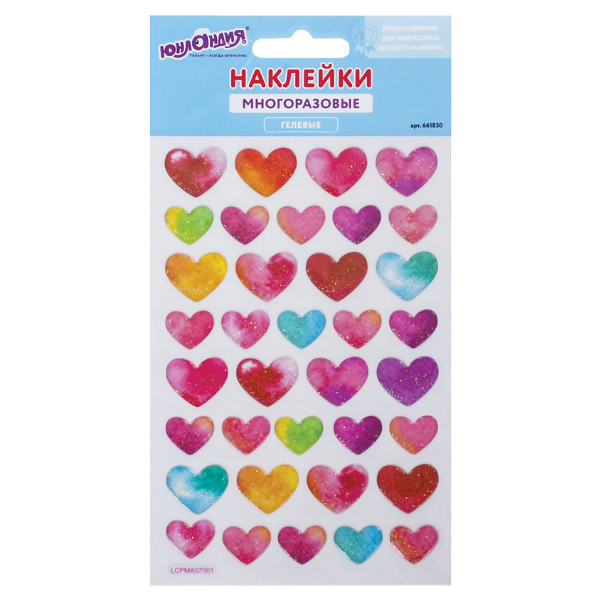 Изображение товара ЮНЛАНДИЯ Наклейки гелевые Сердца, многоразовые, с блестками, Комбинированный