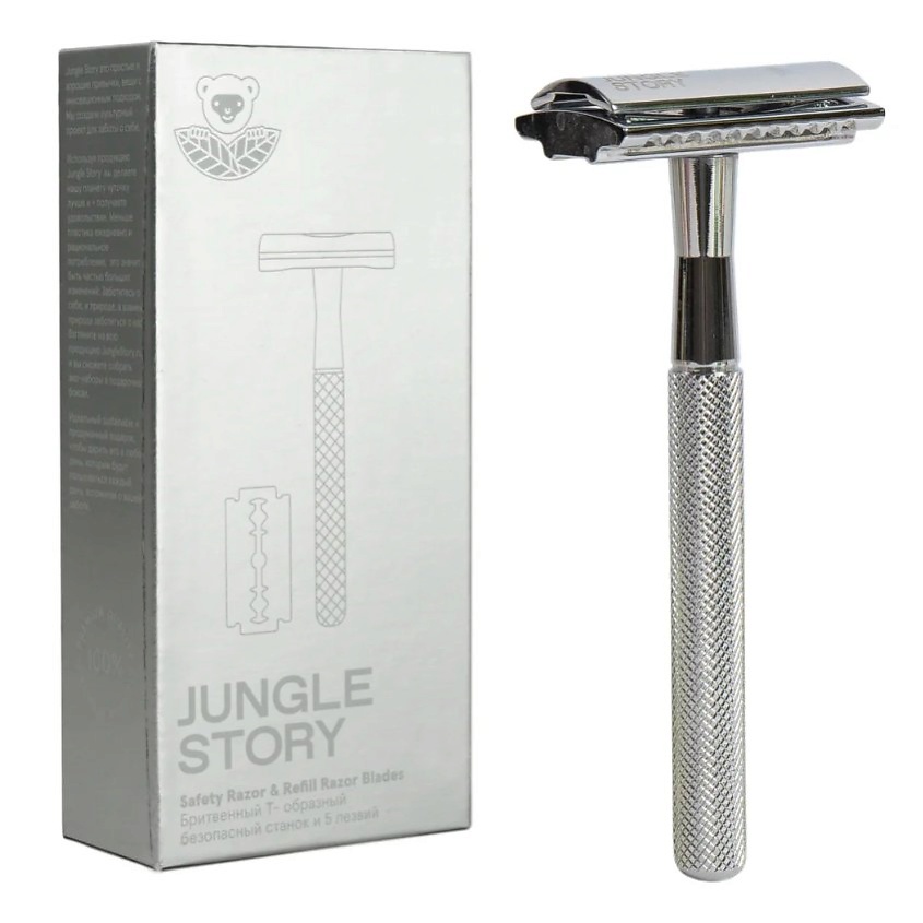 Изображение товара JUNGLE STORY Бритвенный станок Т- образный и 5 лезвий в упаковке на магните, 1 шт.