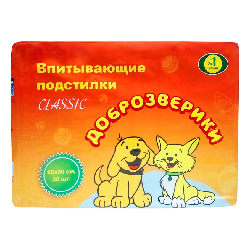 Изображение товара Пеленки одноразовые впитывающие для животных Доброзверики Classic 60х40 см 30 шт