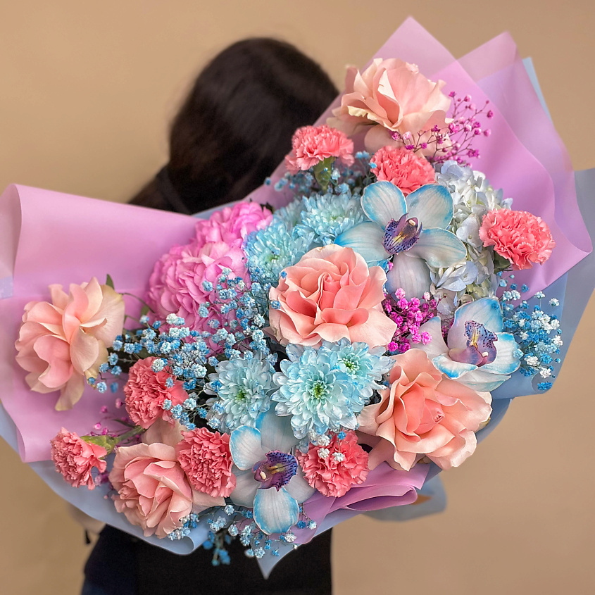 Изображение товара MOJNO FLOWERS Розово-голубой букет L с орхидеями, гортензиями, хризантемами, розами и гипсофилой, 1 шт.