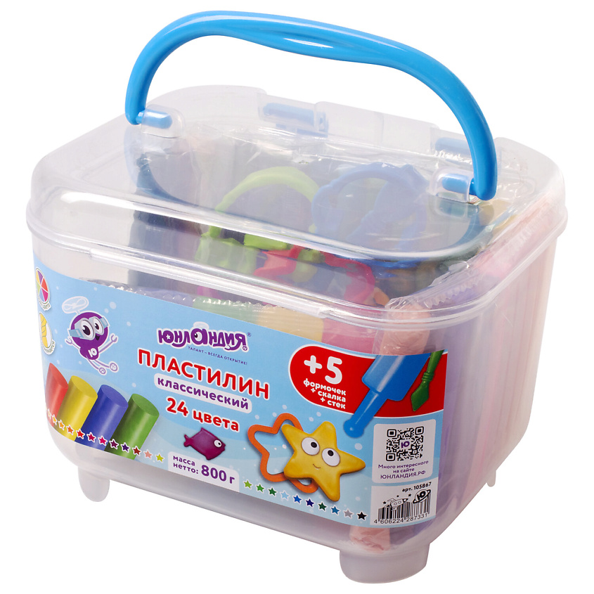 Изображение товара ЮНЛАНДИЯ Пластилин в боксе Подводный мир, 24 цвета, 800 г, скалка, стек, 5 формочек