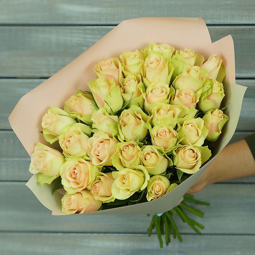 Изображение товара Букет живых цветов Зелено-розовая роза 31 шт 40 см