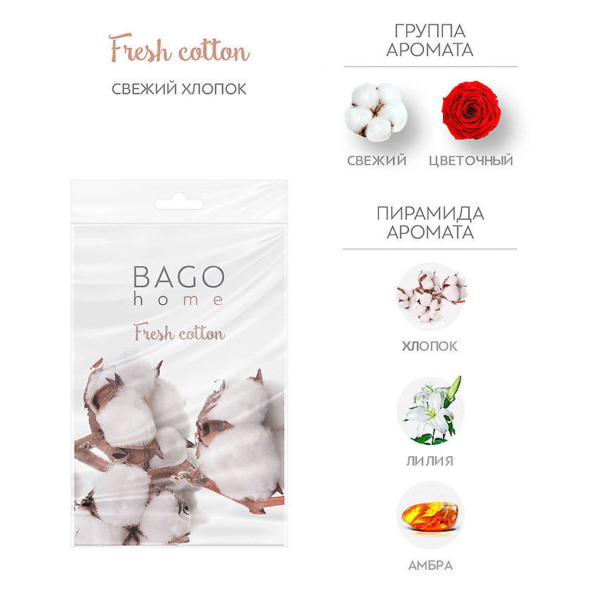 Изображение товара BAGO HOME Саше ароматическое для дома Свежий хлопок, 1 шт.