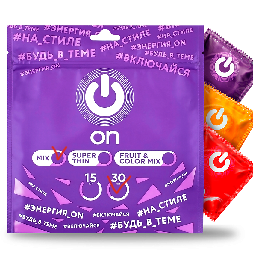 Изображение товара ON MIX PACK набор презервативов 15 шт ультратонкие стимулирующие ароматизированные банан клубника ш
