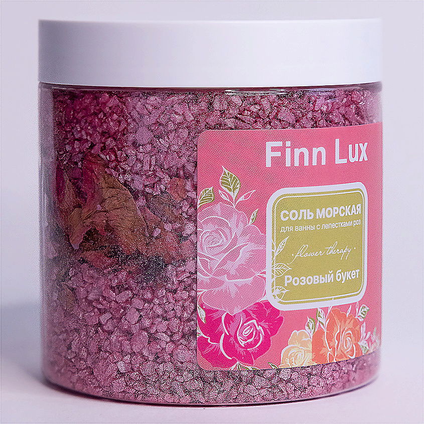Изображение товара FINNLUX Соль для ванны морская с шиммером, сухоцветами и эфирным маслом розы "РОЗОВЫЙ БУКЕТ", 600 г