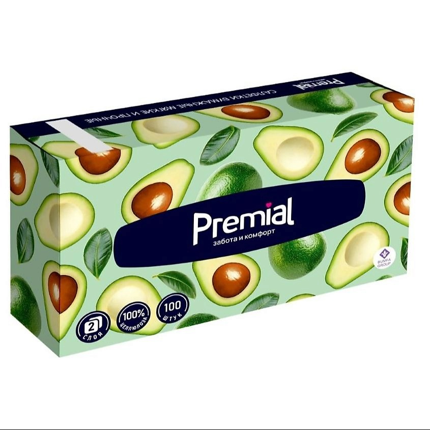 Изображение товара PREMIAL Салфетки бумажные двухслойные белые в коробке нон-стоп, 100 шт.