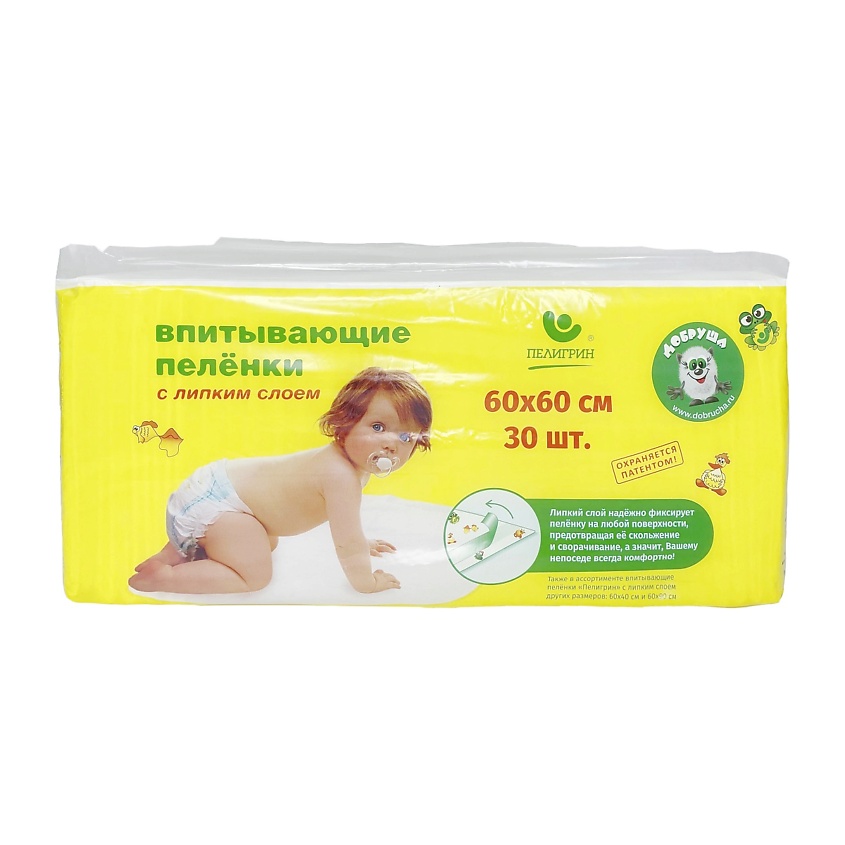 Изображение товара Пеленки впитывающие одноразовые с липким фиксирующим слоем 60х60 см 30 шт Пелигрин
