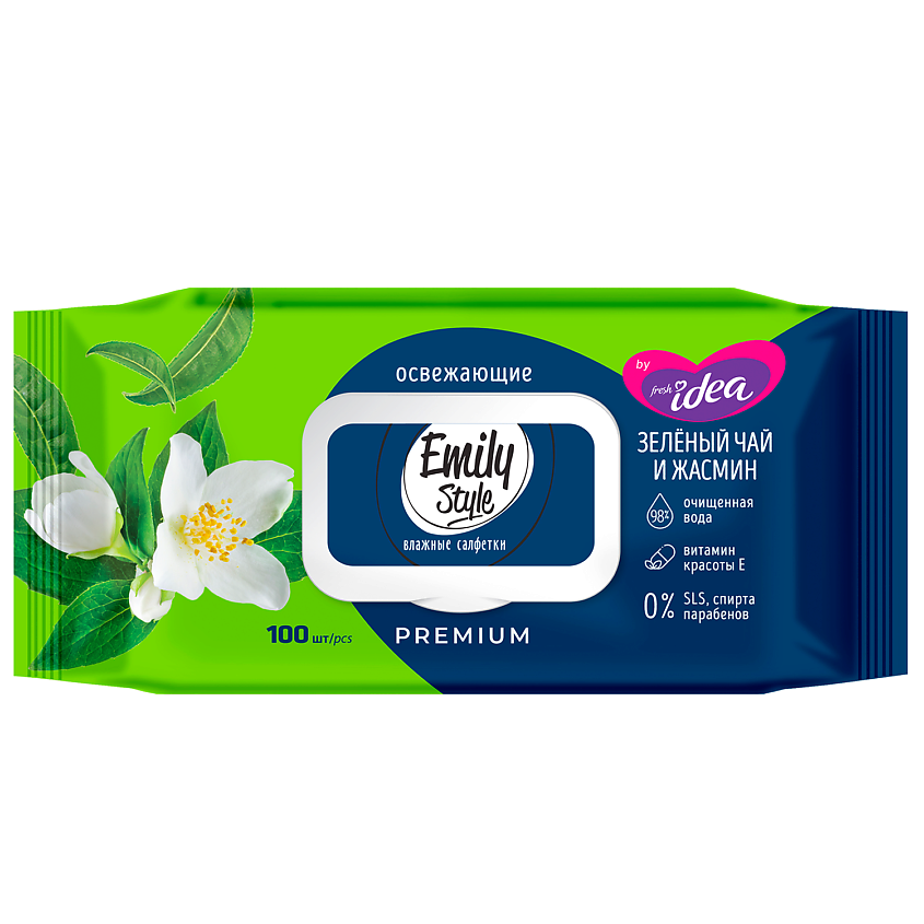 Изображение товара Fresh Idea влажные салфетки Зеленый чай с жасмином 100 шт. отличное средство для ежедневной гигиены