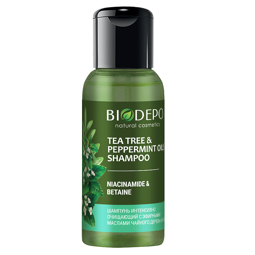 Изображение товара BIODEPO Шампунь безсульфатный натуральный себорегулирующий с маслами чайного дерева и мяты Tea Tree and Peppermint Essential Oil, 50 мл