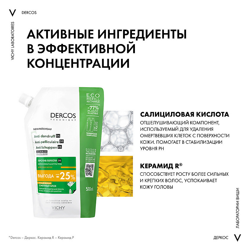 VICHY Шампунь-уход для сухих волос интенсивный Dercos Anti-Dandruff (рефил) – фото 8