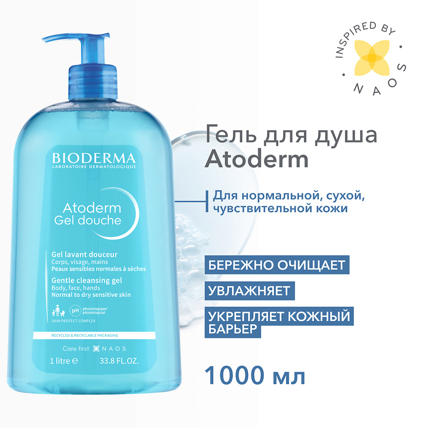 Изображение товара BIODERMA Мягкий очищающий гель для душа для нормальной, сухой и атопичной кожи Atoderm, 1000 мл
