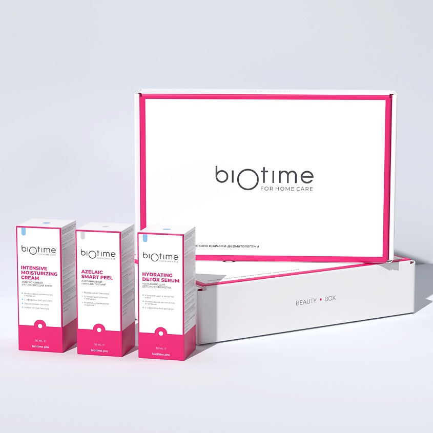 Изображение товара BIOTIME FOR HOME CARE Увлажняющий и питательный набор уходовой косметики для лица, Азелаиновый пилинг против пигментации 30 мл, Увлажняющая детокс-сыворотка 30 мл, Интенсивный увлажняющий крем 50 мл