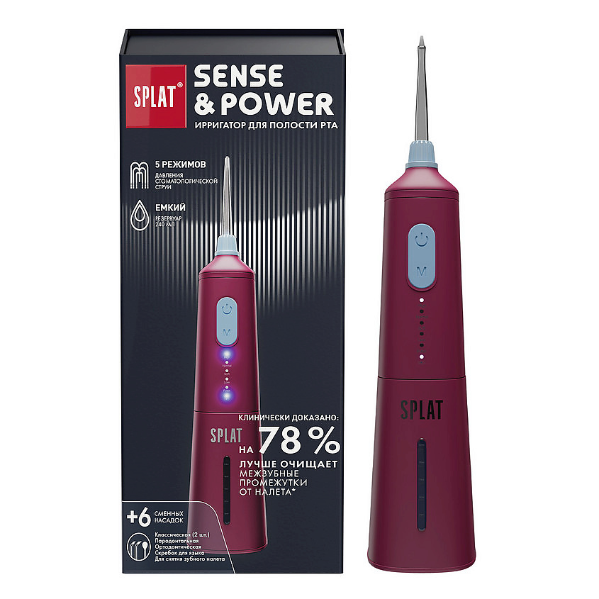 Изображение товара SPLAT Портативный электрический ирригатор для полости рта со сменными насадками, в комплекте с зарядным устройством, модель Н300 Sense&Power, Красный