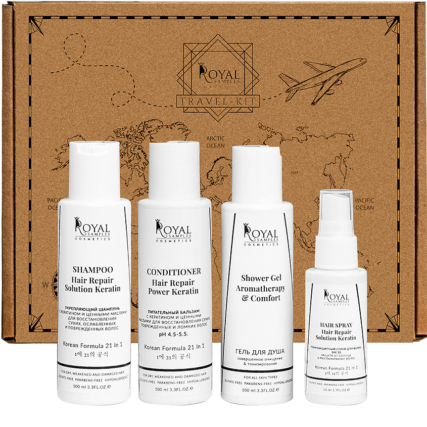 Изображение товара ROYAL SAMPLES Тревел-набор: Шампунь, Бальзам, Гель для душа, Спрей для волос, 100 мл, 100 мл, 100 мл, 50 мл