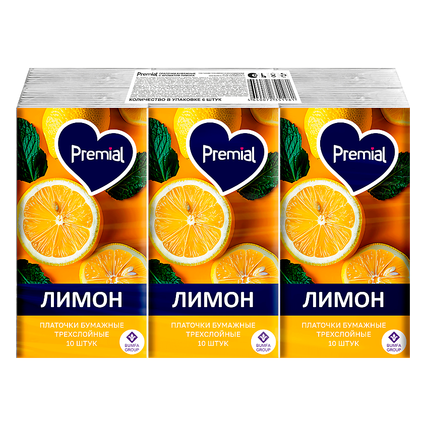 Изображение товара PREMIAL Набор: Платочки бумажные трехслойные белые с ароматом лимона, 6 уп. х 10 шт.