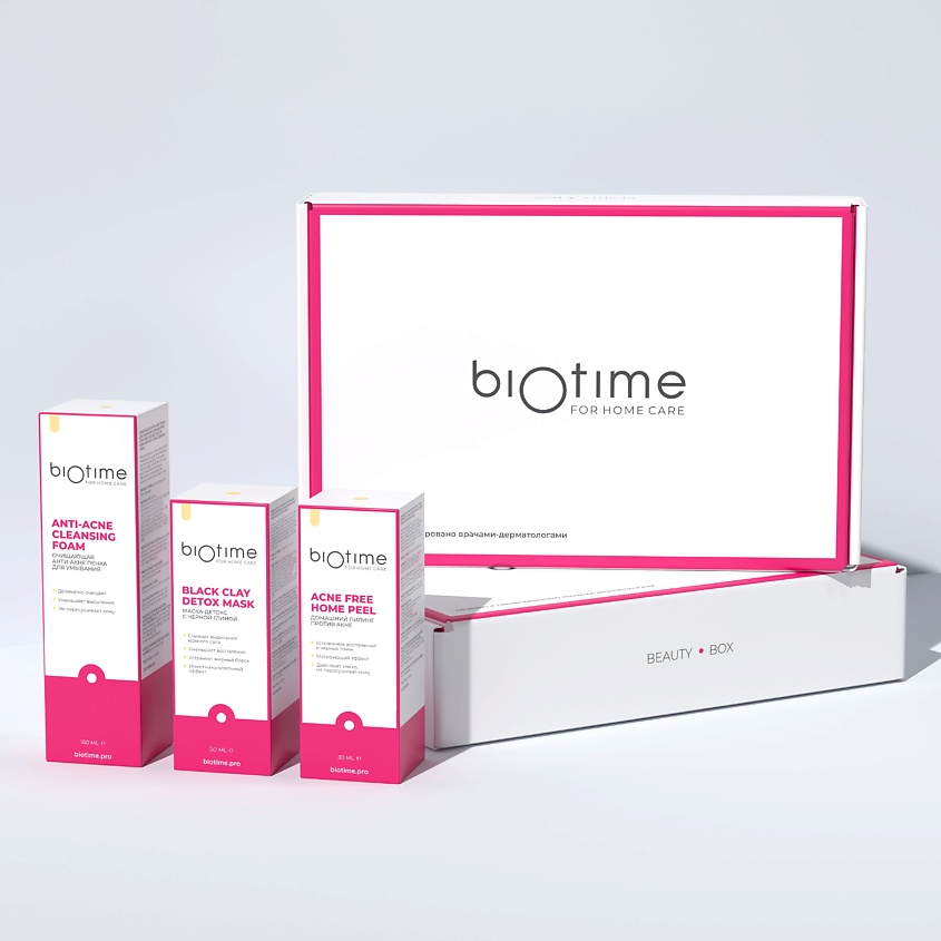 Изображение товара BIOTIME FOR HOME CARE Очищающий и матирующий набор уходовой косметики для лица, Пилинг анти-акне 30 мл, Пенка для умывания лица 160 мл, Маска-детокс с черной глиной 50 мл