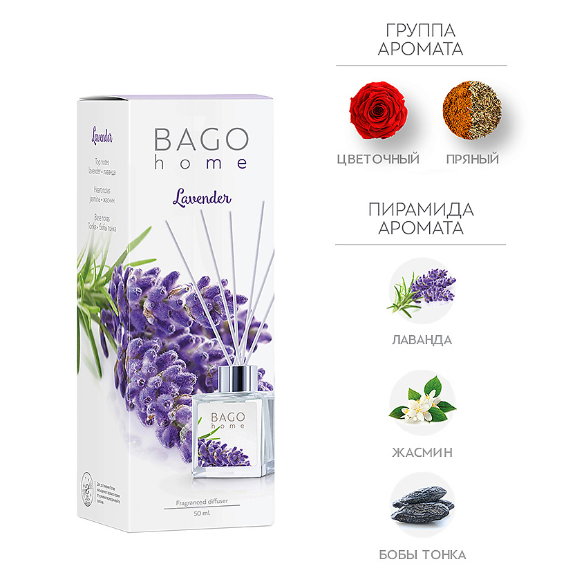 Изображение товара Ароматический диффузор Лаванда 50 мл BAGO home с фибровыми палочками