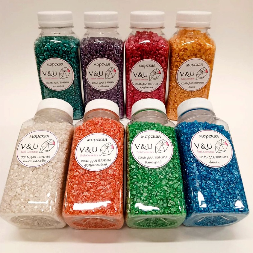 Изображение товара V&U COSMETICS Подарочный набор морской соли для ванны с шиммером, 8 шт в наборе , 8 различных ароматов на каждый день
